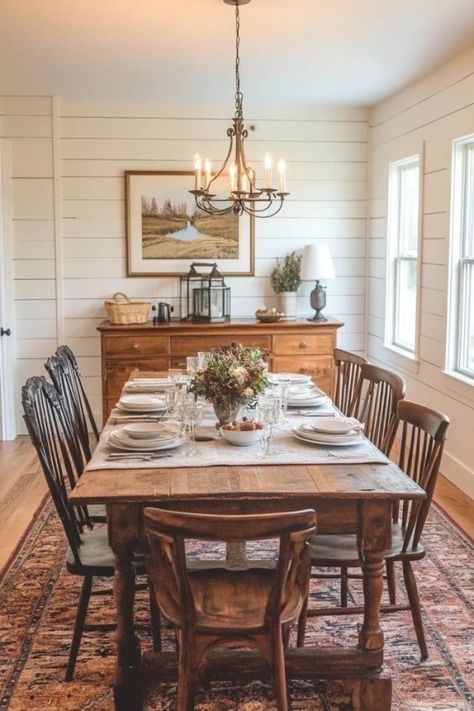 The Warmth of Wood & More Farmhouse Dining Room Storage, Old Farmhouse Inspiration, Traditional Home Decor Dining Room, Barndominium Dining Room Ideas, Rustic Farmhouse Aesthetic, Farmhouse Small Dining Room, Modern Rustic Dining Room Ideas, Old Farmhouse Dining Room, Vintage Farmhouse Dining Room