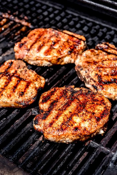 These Perfect Grilled Pork Chops with Sweet BBQ Pork Rub need to be on the menu for your next outdoor cookout or barbecue!  These succulent, juicy, bone-in pork loin chops with this homemade barbecue rub made with a little brown sugar and spices are sure to get rave reviews. #sponsored #pork #porkchops #easy #grilled #perfect #tender #juicy #summer #cookout #grilling #bbq #barbecue #rub #homemade #dinner Tender Bbq Pork Chops, How To Bbq Pork Chops, Grilling Bone In Pork Chops, Pork Chops On Bbq, Pork Loin Chops Recipes Boneless Grilled, Bone In Grilled Pork Chops, Best Bbq Pork Chops, Grilled Pork Chop Recipes Bone In, Tender Grilled Pork Chops