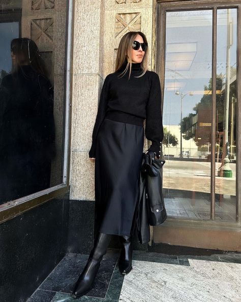 In the mood for fall 🍂 and so excited for boot season! | Instagram Dress With Black Boots, Fall Chic Outfits, Black Dress Boots, Satin Skirt Outfit, Black Boots Outfit, Stylish Winter Outfits, Winter Dress Outfits, Office Outfits Women, Skirts With Boots