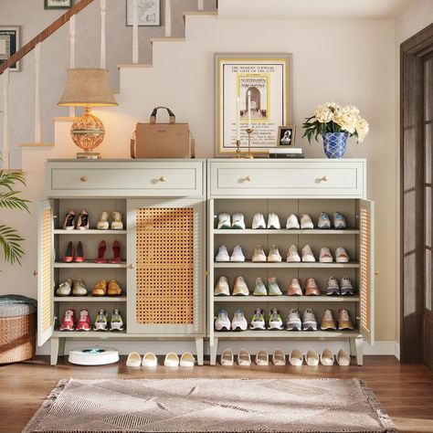 Modern Shoe Cabinet with Doors, Rattan Shoes Storage Cabinet - Bed Bath & Beyond - 39673078 Shoe Storage Cabinet Entryway, Shoe Cabinet With Doors, Green Bed, Wooden Shoe Cabinet, Cabinet With Doors, Shoes Storage, Green Bedding, Shoe Storage Cabinet, Shoe Organizer