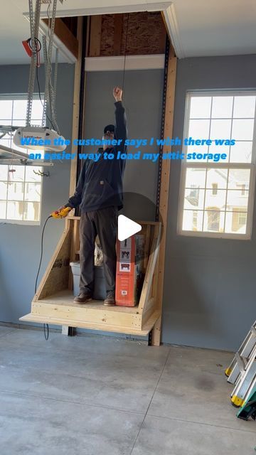 Spoiled Rotten Homes - Oakland County Deck Builder on Instagram: "Who wants to have a storage elevator in their garage?" Behind Garage Ideas, Attic Space Storage Ideas, Garage To Workshop Conversion, Garage Elevator Lift, Garage Lift Ideas, Attic Lifts Garage, Garage Lift Storage, Stair Lift Ideas, House Lift Elevator