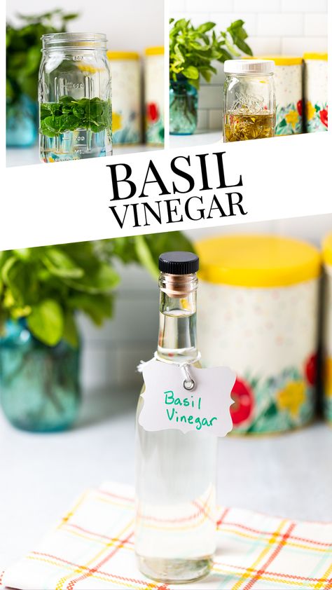 Easy Homemade Basil Vinegar - time does most of the work in this delicious herb infused vinegar!  All you need is basil and vinegar and you can have the fresh summer flavor of basil all year long!  In the middle of winter, drizzle some on cherry tomatoes and it's like a little breath of summer! Basil Vinegar, Preserving Basil, Fresh Basil Recipes, Detox Drinks Flat Tummy, Herbal Vinegar, Flavored Vinegars, Infused Vinegars, Summer In A Bottle, Food Tool