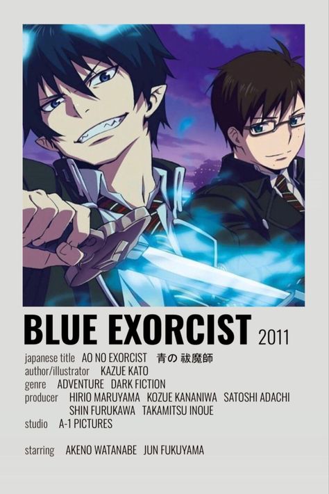 Anime Poster Blue Exorcist, Anime Recommendations Poster, Anime Reccomendations Poster, Anime Show Posters, Anime Info Cards, Anime Title Poster, Aesthetic Anime Poster, Anime Posters Minimalist, Blue Exorcist Movie