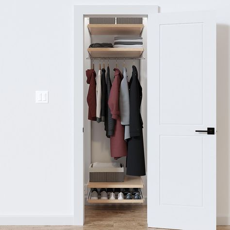 Elfa Decor 2' Birch & White Entry Closet | The Container Store Small Entry Closet Ideas, Coat Closet Design, Affordable Closet Systems, Entry Closet Ideas, Elfa Closet, Elfa Shelving, Front Closet, Closet Solutions, Coat Closet Organization