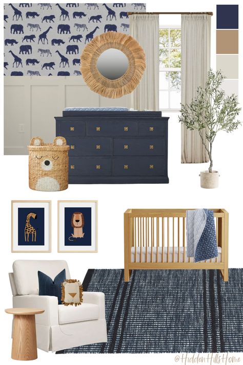 Safari themed baby boys nursery decor mood board with navy blue tones! Cute baby boys nursery decor ideas Navy Nursery Neutral, Navy Blue Baby Room, Blue Gender Neutral Nursery, Navy Blue Nursery Boy, Blue Safari Nursery, Baby Boy Animal Nursery, Baby Boy Nursery Room Design, Dragon Room, Blue Gray Nursery