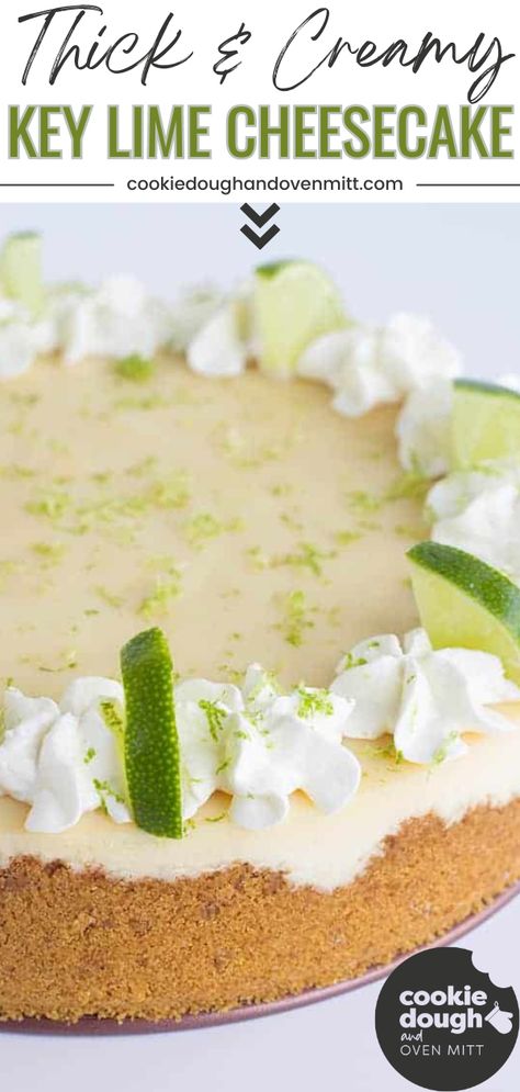 This key lime cheesecake offers a delightful twist on the classic key lime pie, with its thick and creamy texture and a perfect balance of sweet and tangy flavors. As a go-to summer dessert, this cheesecake is the ultimate package, satisfying both your cravings and the desire for a refreshing treat. Best Key Lime Cheesecake Recipe, Lime Cheesecake No Bake, Key Lime Cheesecake Recipe, Key Lime Pie Cheesecake, Key Lime Recipes, Key Lime Desserts, Key Lime Cake, Lime Desserts, Key Lime Cheesecake