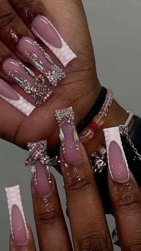 French Tip Acrylic Nails With Rhinestone Square, 18th Birthday Nails Ideas, 18th Nails, Simple Nails Design, Birthday Plans, Nail Business, Acrylic Nail Set, Long Acrylic Nail Designs, Hard Nails