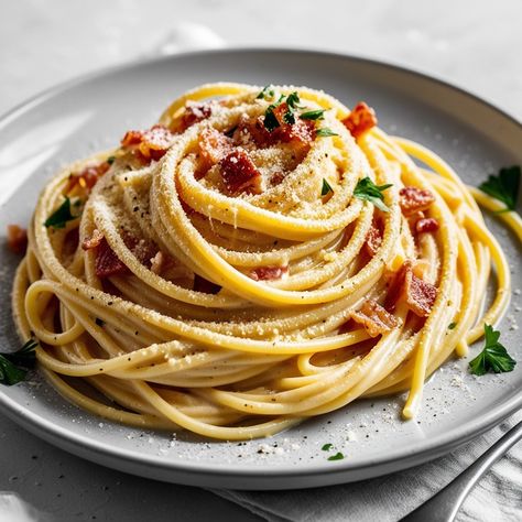 🍝Spaghetti Carbonara 📄Ingredients - 12 oz (340 g) spaghetti - 4 oz (115 g) pancetta or guanciale, diced - 2 large eggs - 1 cup (100 g) grated Parmesan cheese - 2 cloves garlic, minced - Salt and freshly ground black pepper to taste - 2 tablespoons olive oil - Fresh parsley for garnish (optional)  #spaghetti #italianfood #carbonara Carbonara Photography, Carbonara Ingredients, Classic Italian Dishes, Spaghetti Carbonara, Picky Eaters, Parmesan Cheese, Classic Italian, Freshly Ground, Grated Parmesan Cheese