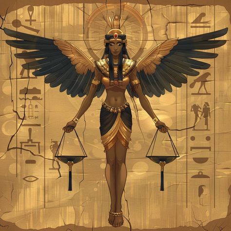 Maat: The Goddess of Truth and Justice ⚖️💛 Maat, the goddess of truth and justice, was essential in maintaining cosmic balance. Discover her role in the judgment of souls and the principles she embodied. #GoddessMaat #EgyptianMythology Goddess Of Judgement, Ma’at Goddess, Iris Egyptian Goddess, Goddess Of Truth, Sekhmet Goddess Art Egyptian Mythology, Goddess Maat, Egyptian Spirituality, Hathor Goddess, Justice Aesthetic