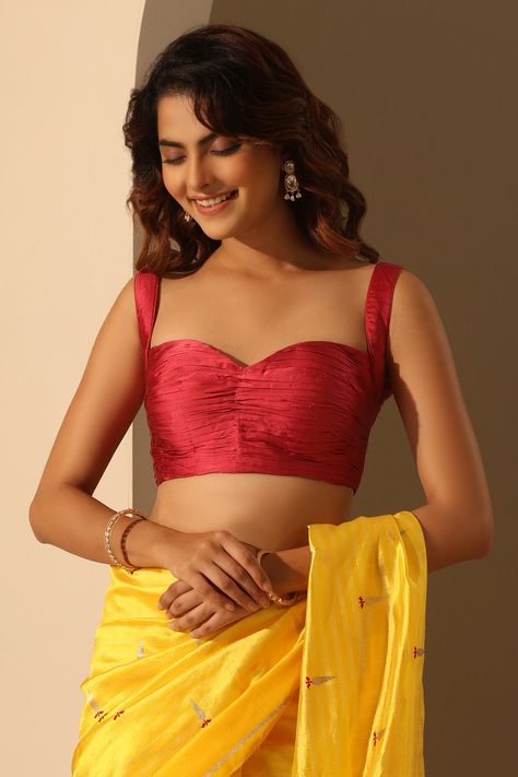 Shop for these amazing collections of Red Satin Silk Plain Sweetheart Neck Ruched Sleeveless Blouse For Women by Weaver Story online at Aza Fashions. Front Blouse Designs, Sleeveless Blouse Designs, Sleeveless Blouse Saree, New Saree Blouse Designs, Backless Blouse Designs, Traditional Blouse Designs, Latest Model Blouse Designs, Fashionable Saree Blouse Designs, Fancy Sarees Party Wear