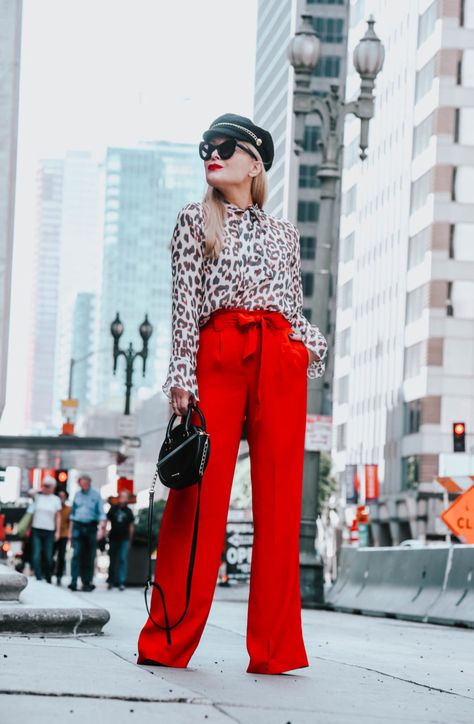 Red Wide Leg Pants, Silk Leopard Print. Fall style, Seasonal Style, OOTD, fashion blogger, women’s fashion, street style, outfit inspiration, outfit ideas, outfits, what to wear now, trends, OOTD Inspo, Best Street Style, Street Wear, Ladies Fashion, Spring Style, Blogger Style, Street Wear, fashion week Red Trousers Outfit, Outfit Pantalon Rojo, Fall Chic Outfits, Red Pants Outfit, Red Wide Leg Pants, Wide Leg Pants Outfit, Red Trousers, Leg Pants Outfit, Quoi Porter