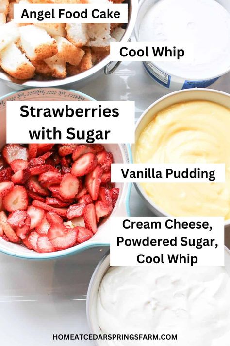 Strawberry Trifle with Angel Food Cake - Home at Cedar Springs Farm Angel Food Strawberry Trifle, Strawberry Trifle With Angel Food Cake, Strawberry Angel Food Cake Truffle, Peach Trifle With Angel Food Cake, Strawberry Trifle Angel Food Cake Cream Cheese, Strawberry Shortcake Angle Food Cake, Angel Food Cake Dump Cake, Angel Food Cake Salad, Trifle Desserts With Angel Food Cake