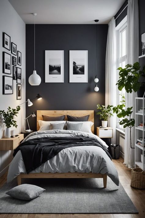 Wall Next To Bed Decor Ideas, Modern Industrial Interior Design Bedroom, Black And Wooden Bedroom, Bedroom Black Furniture Decor, Ikea Master Bedrooms Decor, Small Black Bedroom Design, Bedroom Designs Small Spaces, Black Bedroom Wall Ideas, Black Small Bedroom