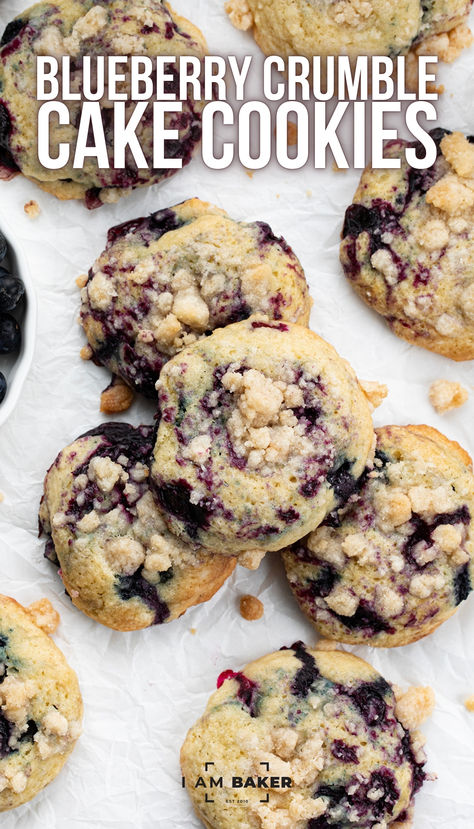 Blueberry Crumble Cake Cookies are soft, cake-like cookies with blueberry filling swirled inside and topped with a crumble topping. They are a delightful treat that combines the tenderness of a muffin or cake with the irresistible texture of a crumbly topping. Blueberry Cheesecake Cookies Recipes, Crumbl Blueberry Cookies, Easy Bake Deserts, Blueberry Pie Filling Cookies, Crumbl Cookie Blueberry Muffin, Keto Blueberry Cookies, Blueberry Muffins Cookies, Cookies With Crumble Topping, Crumble Blueberry Muffin Cookies