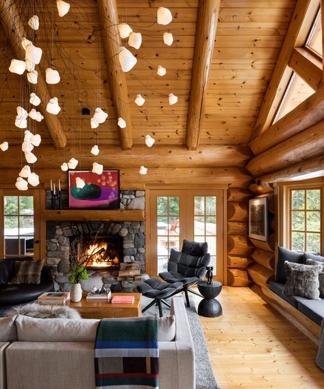 Mountain home mixes retro log cabin and modern vibes | Log Cabin Kitchens, Tahoe House, Log Home Interiors, Log Home Decorating, Mountain Getaway, Norm Architects, Emily Henderson, A Frame Cabin, A Log