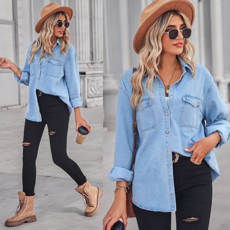 This Stylish Denim Top Has A Relaxed Vibe With Its Dropped Shoulder And Casual Design. It Features A Collared Neckline And Comes With Convenient Pockets And A Buttoned Front. The Top Has A Long Length, And The Sleeves Are Also Long, Making It Perfect For Cooler Weather. Wear It With Your Favorite Black Pair Of Jeans To Complete The Laid-Back Look. Pockets Buttoned Collared Neck Length: Long Long Sleeves Fabric: 95% Rayon, 5% Polyester Stretch: No Stretch Measurements: S: Bust 44.9 In, Shoulder 1 Big Denim Shirt Outfit Women, Black Dress Chambray Shirt Outfit, Outfits With Light Denim Jacket, Blue Collar Outfits Women, Light Denim Button Up Shirt Outfit, Long Jeans Shirt Outfit, Spanish Town Parade Outfit, Jean Shirt And Jeans Outfit, Black Pants Denim Shirt Outfit