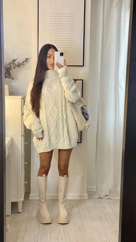 Knit Dress Boots, Winter Outfits Oversized Sweaters, Oversized Sweater Outfit With Boots, Athletic Sweater Outfit, Cream Boots Outfit Fall, Cream White Boots Outfit, Creme Winter Outfit, Matt Rife Show Outfit, Oversize Sweater Dress