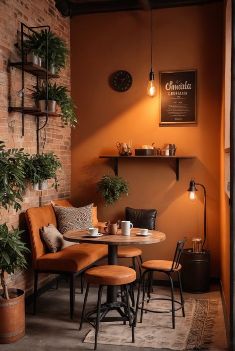 10 Ideas and Inspiration for Industrial Style Coffee Corners - afullmug.com Cafe Style Kitchen At Home, Coffee Shop Style Kitchen, Coffee Shop Inspo Interior Design, Coffee Lounge Ideas Home, Coffee Lounge Ideas, Rustic Cafe Decor, Cozy Cafe Interior Coffee Shop, Coffee Shop Ideas Unique, Coffee Shop Interior Design Cozy