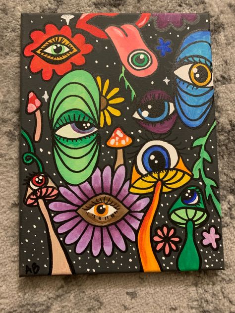 indie artwork by me! trippy eyes mushrooms and flowers. If interested in buying this piece please contact me through my instagram. >>> imxalexis16 Trippy Drawing Ideas Easy, Trippy Drawing Ideas, Trippy Drawings, Arte Indie, Drawing Ideas Easy, Psychadelic Art, Hippie Painting, Simple Canvas Paintings, Cute Canvas Paintings