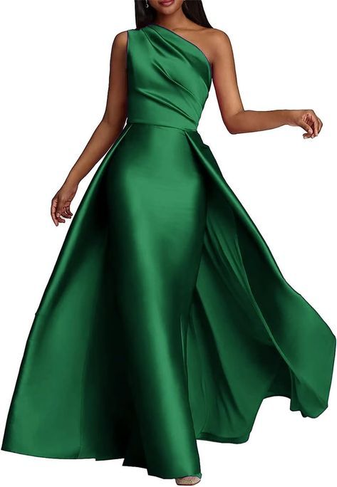 Dresses With Overskirt, One Shoulder Formal Dresses, Satin Mermaid Wedding Dress, Satin Formal Dress, Satin Evening Gown, One Shoulder Prom Dress, Satin Evening Dresses, Long Prom Gowns, Evening Party Gowns