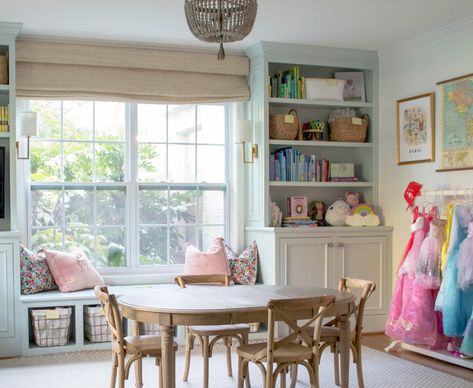 A Pretty and Functional Playroom: Yes, It's Possible! Bay Window Playroom, Sunroom Uses, Multipurpose Playroom, Playroom Built Ins, Functional Playroom, Sunroom Playroom, Big Kids Playroom, Dream Estate, Loft Playroom