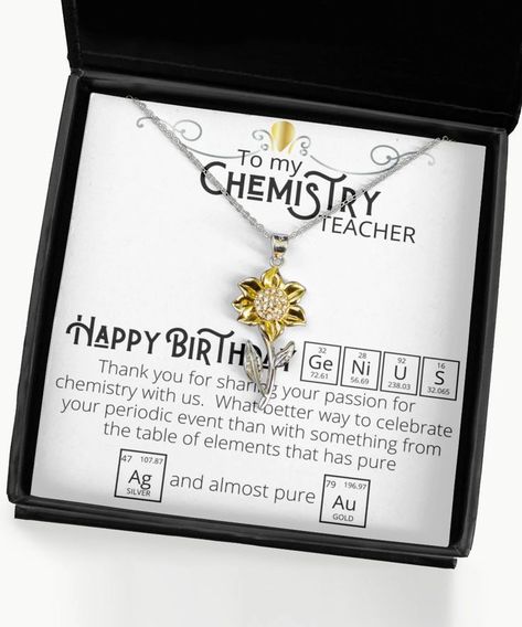 Chemistry Teacher Gift | Teacher Necklace | Teacher Appreciation Gift | Chemistry Card for Science Nerds | Chemistry Teacher Birthday Card - Sunflower Necklace: Weight: 0.14 oz Stunning .925 Sterling Silver necklace. AAAA grade cubic zirconia jewels set throughout the face of the sunflower. The petals are triple plated in 14K gold. Polished to perfection. The pendant is 1.38 inches (35mm) in length. Happy Birthday Chemistry, How To Wish Birthday, Teacher Birthday Card, Teacher Necklace, Happy Teachers Day Wishes, Chemistry Teacher Gift, Teachers Necklace, Chemistry Gifts, Teachers Day Card