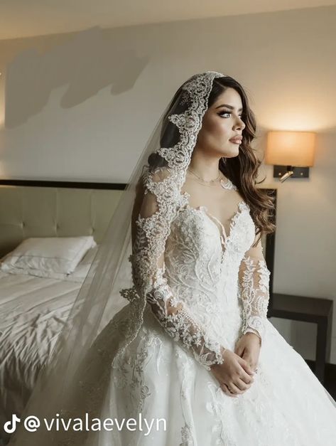 Wedding Veils Mexican, Mexico Inspired Wedding Dress, Big Mexican Wedding Dress, Mexican Bridal Hairstyles, Latino Wedding Dress, Catholic Wedding Dresses Traditional, Mexican Modern Wedding Dress, White Mexican Wedding Dress, Mexican Lace Wedding Dress