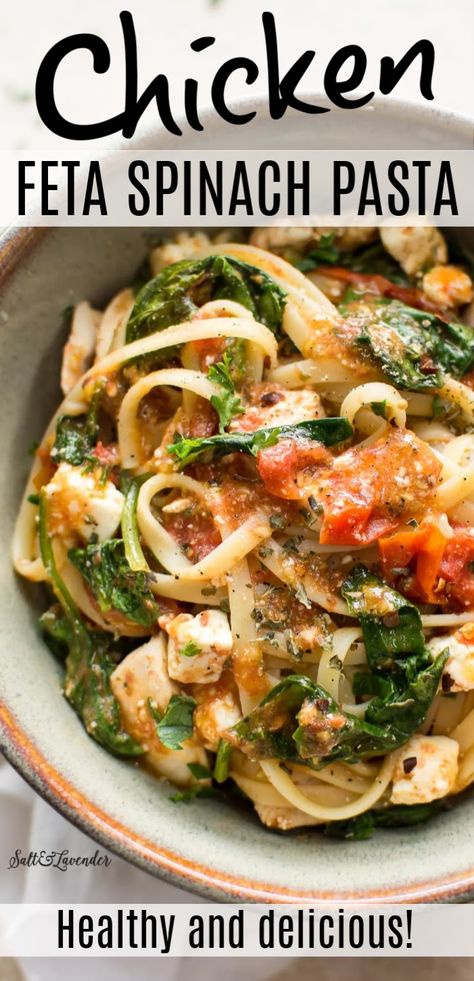 Mediterranean Diet Recipes Chicken, Feta Spinach Pasta, Chicken Feta Spinach, Diet Recipes Chicken, Spinach Pasta Recipe, Chicken Feta, Spinach Pasta Recipes, Mediterranean Recipes Healthy, Feta Spinach