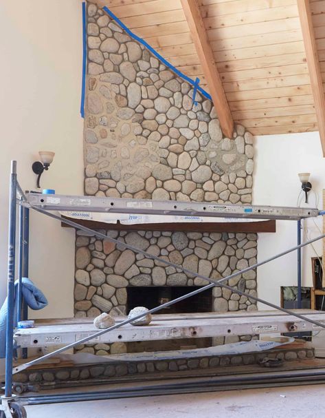 Update A River Rock Fireplace, German Smear River Rock Fireplace, Diy Cobblestone Fireplace, Refinishing Rock Fireplace, German Smear Rock Exterior, Reface Rock Fireplace, Plaster Stone Fireplace, German Schmear River Rock Fireplace, Paint River Rock Fireplace