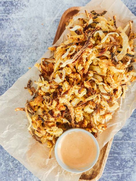 Gluten-Free French Fried Onions - Peel with Zeal Shoestring Onion Rings, Gluten Free French Fried Onions, Gluten Free French Fries, French Fried Onion Recipes, Gluten Free Green Bean Casserole, Fried Onions Recipe, Onion Straws, Bite Size Appetizers Easy, Gluten Free Recipes Appetizers