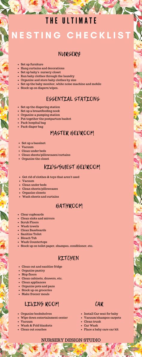 Nesting Checklist By Week, Postpartum Room Set Up, Nesting Cleaning Checklist, Baby Set Up In Parents Room, Newborn Set Up In Parents Room, Nesting Party Ideas, Shared Nursery With Parents, Sharing Room With Newborn, Nesting Checklist