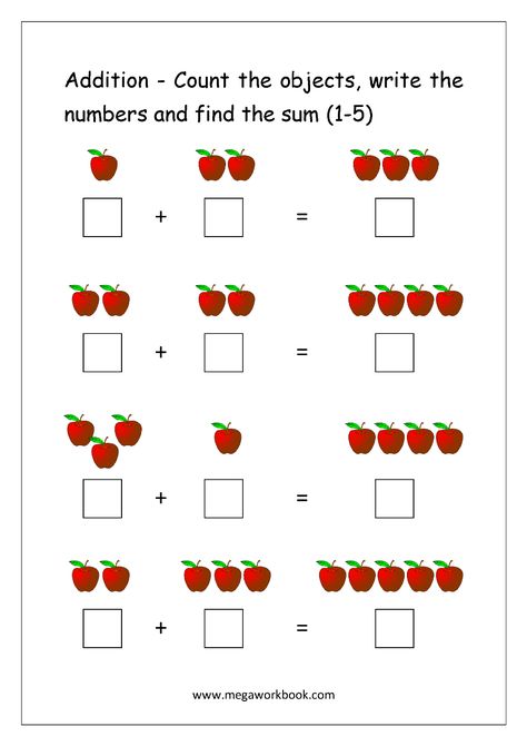 Addition Using Objects (http://www.megaworkbook.com/maths/addition) Addition For Beginners, Beginner Addition Worksheet, Addition Pictures Worksheet, Basic Addition Worksheets Kindergarten, Addition For Grade 1, Apple Addition, Addition With Pictures, Maths For Beginners, Grade 1 Worksheets