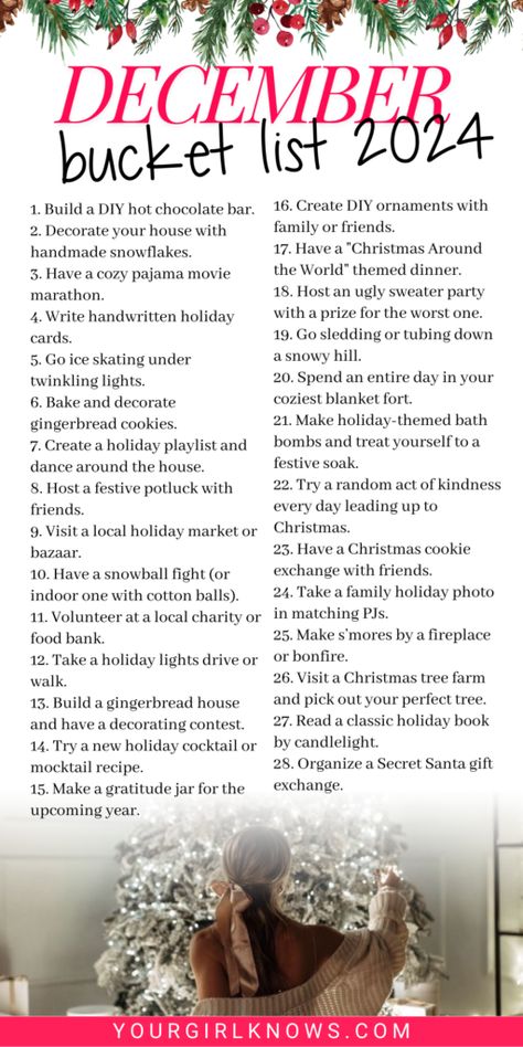 40 Dreamy December Bucket List Ideas to End the Year Right (Fun Guaranteed!) Holidays Bucket List, December Checklist Ideas, December List Of Things To Do, December Bucket List Ideas, Christmas Bucket Lists, December Checklist, 25 Days Of Christmas Ideas For Couples, December List, Christmas Activity List