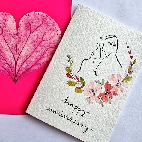 Engagement Cards Handmade Watercolour, Cards For Wedding Anniversary, Watercolour Anniversary Cards Handmade, Anniversary Watercolor Painting, Cute Cards For Husband, Wedding Card Handmade Ideas, Hand Painted Anniversary Cards, Anniversary Watercolor Card Ideas, Wedding Anniversary Watercolor Cards