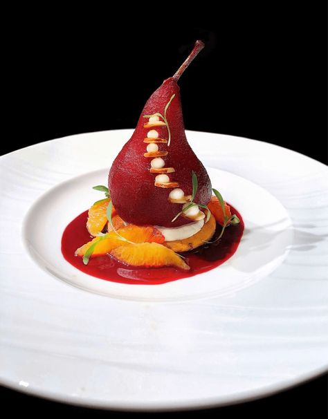 Poached Pear Plating, Poached Pears In Red Wine, Poached Pears Dessert, Plating Dessert, Pears In Red Wine, Cranberry Cookie, Wine Poached Pears, Pear Crisp, Pear Dessert