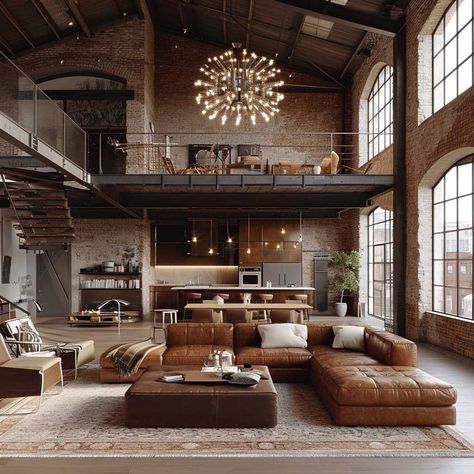 564146290838868597-pin-image Modern industrial loft with large windows, brown leather sectional sofa, open kitchen, lofted bedroom, and statement chandelier. | Sky Rye Design Luxe Interior Design, Industrial Luxe, Masculine Living Rooms, Industrial Loft Design, Industrial Glam, Warehouse Living, Loft House Design, Industrial Style Interior, High Ceiling Living Room