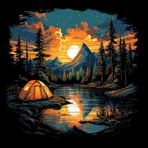 Prompt: Retro {camping, fishing, hiking, climbing, scubadiving, swiming, running, garderning} scene, t shirt vector::2 , isolated on black background--chaos 25 --upbeta --s 500 --seed 1000 --style raw --v 5.2 Camping Vector Illustration, Camping Vector, Fishing Cake, Nature Logo, Graphic Shirt Design, Retro Camping, Motorcycle Suit, Lake Signs, Adventure Art