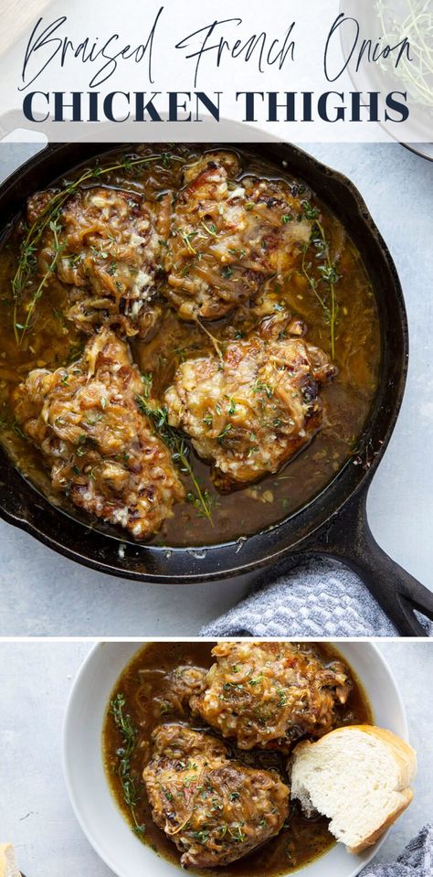 These French onion chicken thighs feature fall-apart tender braised chicken thighs in a rich French onion soup broth that's amazing over mashed potatoes or served with bread for dipping! French Onion Chicken Thighs, Pan Seared Chicken Thighs, Bread For Dipping, Braising Recipes, Over Mashed Potatoes, Braised Chicken Thighs, French Onion Chicken, Broiled Chicken, Pan Seared Chicken