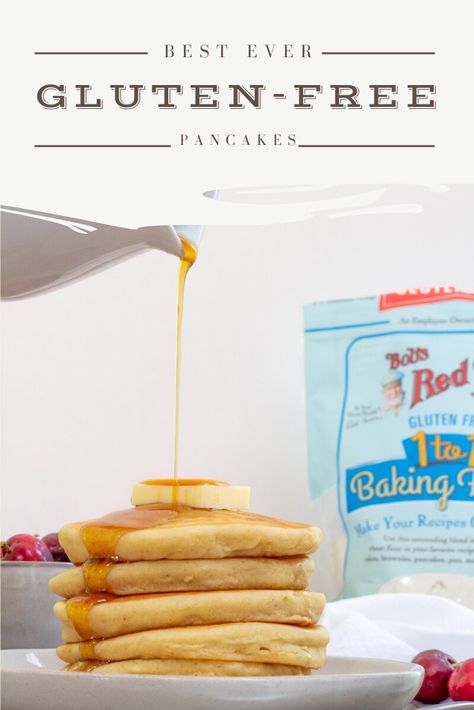 A light and fluffy pancake recipe made gluten free using Bob's Red Mill Gluten Free 1 for 1 Baking Flour in place of all-purpose flour. This versatile gluten free pancake recipe is easy to make and absolutely delicious! #glutenfreepancakesrecipe #pancakerecipes #glutenfreerecipes Gluten Free Flour Pancakes, Gluten Free Pancake Recipe, Fluffy Gluten Free Pancakes, Recipe Pancakes, Gluten Free Pancake, Fluffy Pancake Recipe, Cookies Gluten Free, Best Gluten Free, Gluten Free Recipes For Breakfast