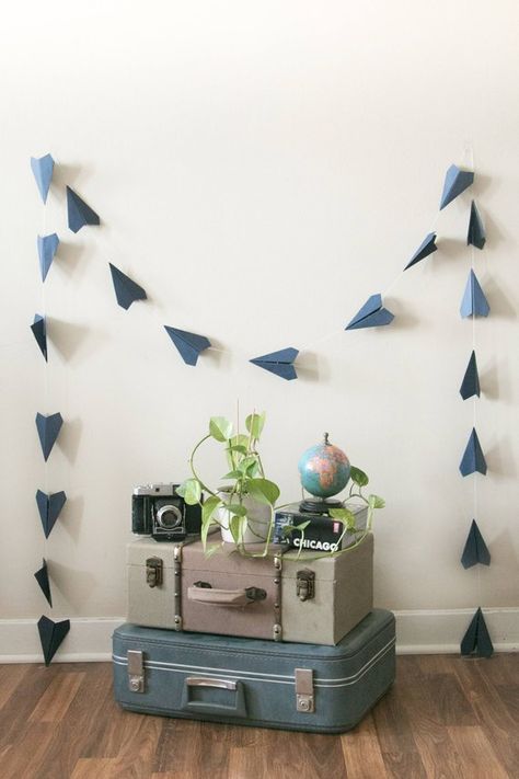 Paper Airplane Garland, Travel Decor Ideas, Airplane Garland, Garland Party Decor, Navy Baby Showers, Travel Bridal Showers, Travel Baby Showers, Airplane Baby Shower, Airplane Theme