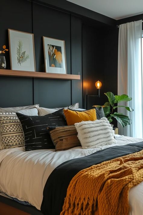 25 Bold Black Accent Wall Bedroom Ideas to Upgrade Your Space - Roomy Retreat No Bedhead Ideas, Bedroom Black Accent Wall Boho, Bedroom Black Accent Wall Ideas, Bedroom Ideas Dark Accent Wall, Black Feature Wall Bedroom Room Ideas, Black Bedroom With Accent Wall, Wall Above King Size Bed, Mid Century Modern Accent Wall Bedroom, Charcoal Wall Bedroom