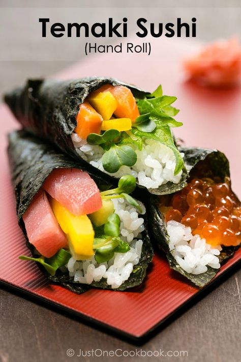 Temaki Sushi (Hand Roll) - It's easy to enjoy temaki sushi at home with family and friends, simply wrap nori sheet around sashimi grade fish and sushi rice, cucumber, takuan, and radish sprouts. #sushirecipes #sushiroll #handrollsushi #japanesefood #asianrecipe #partyfood #sashimi #howtomakesushi #temakisushi | Easy Japanese Recipes at JustOneCookbook.com Hand Roll Sushi, Temaki Sushi, Just One Cookbook, Sushi At Home, Easy Japanese Recipes, Sushi Party, How To Make Sushi, Sushi Recipes, Japanese Cooking