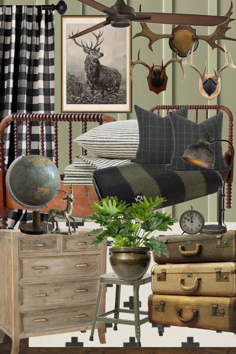 Design elements for the perfect vintage cabin bedroom retreat! Vintage Cabin Decorating Ideas, Plaid Cabin Decor, Hunting Boys Room, Hunting Bedroom Ideas, Hunting Lodge Bedroom, Boys Hunting Bedroom Ideas, Cabin Bedroom Ideas, Hunting Bedroom, Log Cabin Bedroom