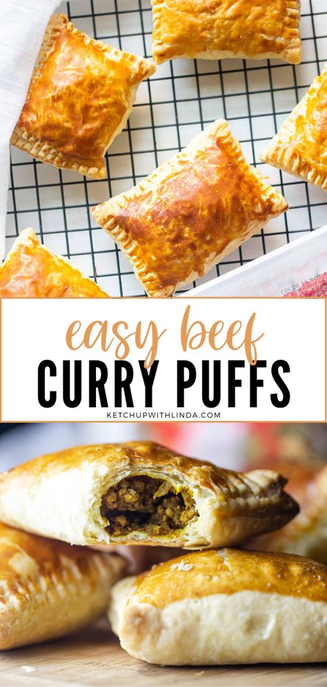 Baked Curry Puff Recipe, Curry Pie Recipe, Curry Ground Beef, Puff Pastry Dinner, Puff Pastry Recipes Dinner, Recipes Using Puff Pastry, Curry Puff Recipe, Curry Puffs, Curry Puff