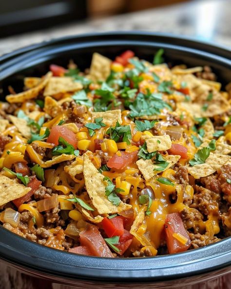 Slow Cooker Frito Pie, Best Summer Crockpot Recipes, Mexican Dishes For Potluck, Mexican Slow Cooker Recipes, Mexican Crockpot Recipes, Frito Chili, Cooktop Cove, Mexican Entrees, Slow Cooker Kitchen