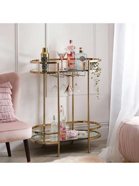 Primark's GOLD bar cart is back and here's how you can buy it | HELLO! Drinks Corner, Pink Interiors, Gold Drinks, Drink Stand, Gold Bar Cart, Drinks Trolley, Corner Space, Bar Designs, Michelle Keegan