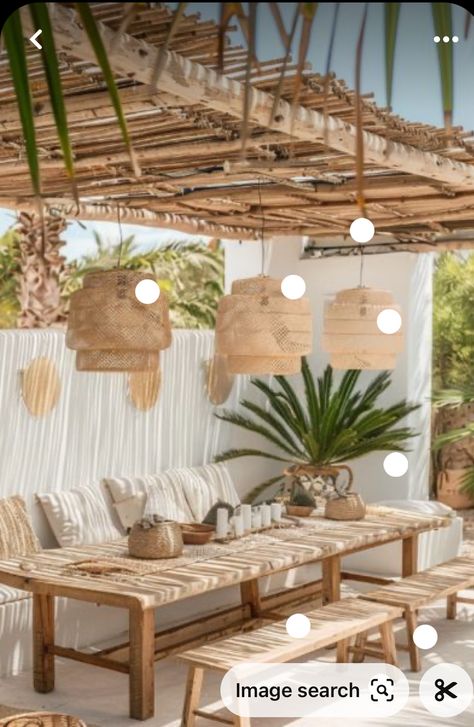 Boho Outside Patio, Ibiza Style Garden Ideas, Beach Style Garden, Ibiza Decor Interiors, Ibiza Villa Interior, Ibiza Inspired Gardens, Tulum Style Backyard, Terrasse Ibiza Style, Tulum Backyard Ideas