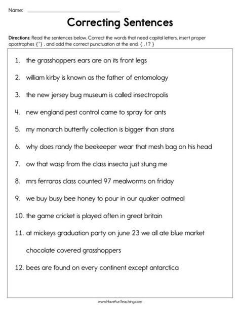 Capitalization - Have Fun Teaching Correct The Sentence Worksheet, Punctuation Worksheets Grade 4, Sentence Correction Worksheets, Capitalization Worksheets, 7th Grade Writing, Sentences Worksheet, Grammar Sentences, Punctuation Worksheets, Run On Sentences