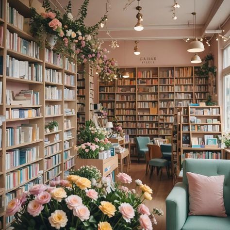 Cute Bookshop Aesthetic, Romance Book Store Aesthetic, Cozy Bookshop Cafe Aesthetic, Coffee Shop Book Store Aesthetic, Library And Coffee Shop, Flower And Book Shop, Bookstore Merchandising, Romance Book Store, Bookstore Owner Aesthetic