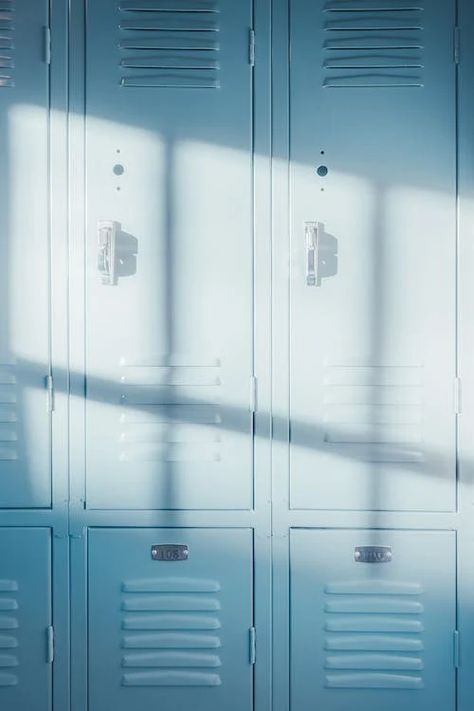 Sunlight on School Lockers · Free Stock Photo Blue Lockers Aesthetic, Locker Graphic Design, School Blue Aesthetic, Aesthetic School Photos, School Locker Aesthetic, 90s School Aesthetic, Pubmat Background, School Background Aesthetic, Blue School Aesthetic